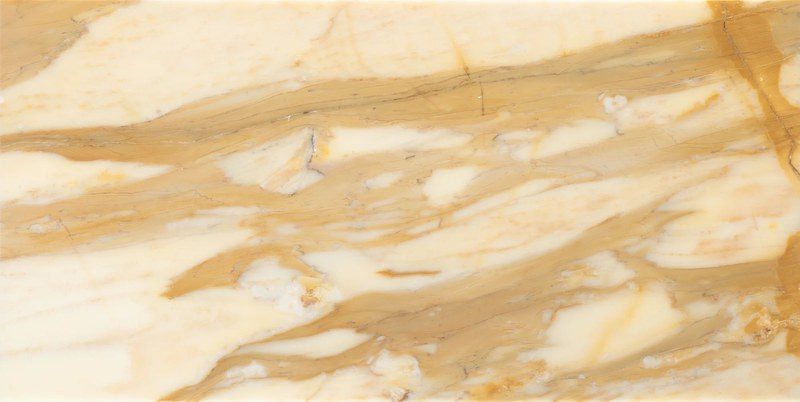 A close view of the pale cream ground carrying a yellow-brown network, with the fine clasts and the thin angular fractures that come with a brecciated marble.